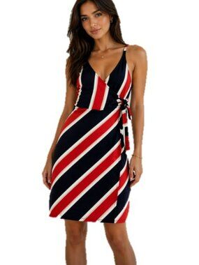 Express Women's Faux Wrap Dress Size Small Navy Red Sleeveless Knee Length Mini